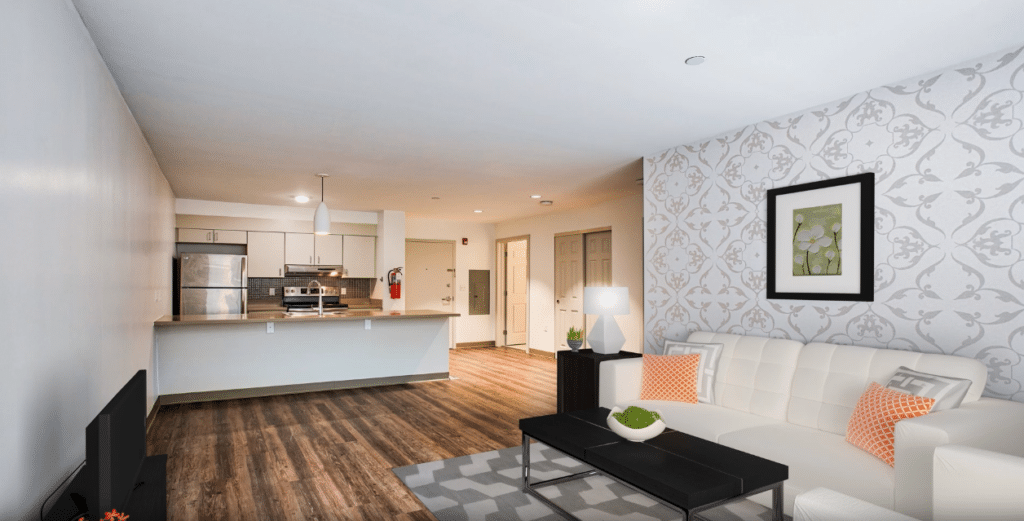 Village Senior Living apartment living room and kitchen